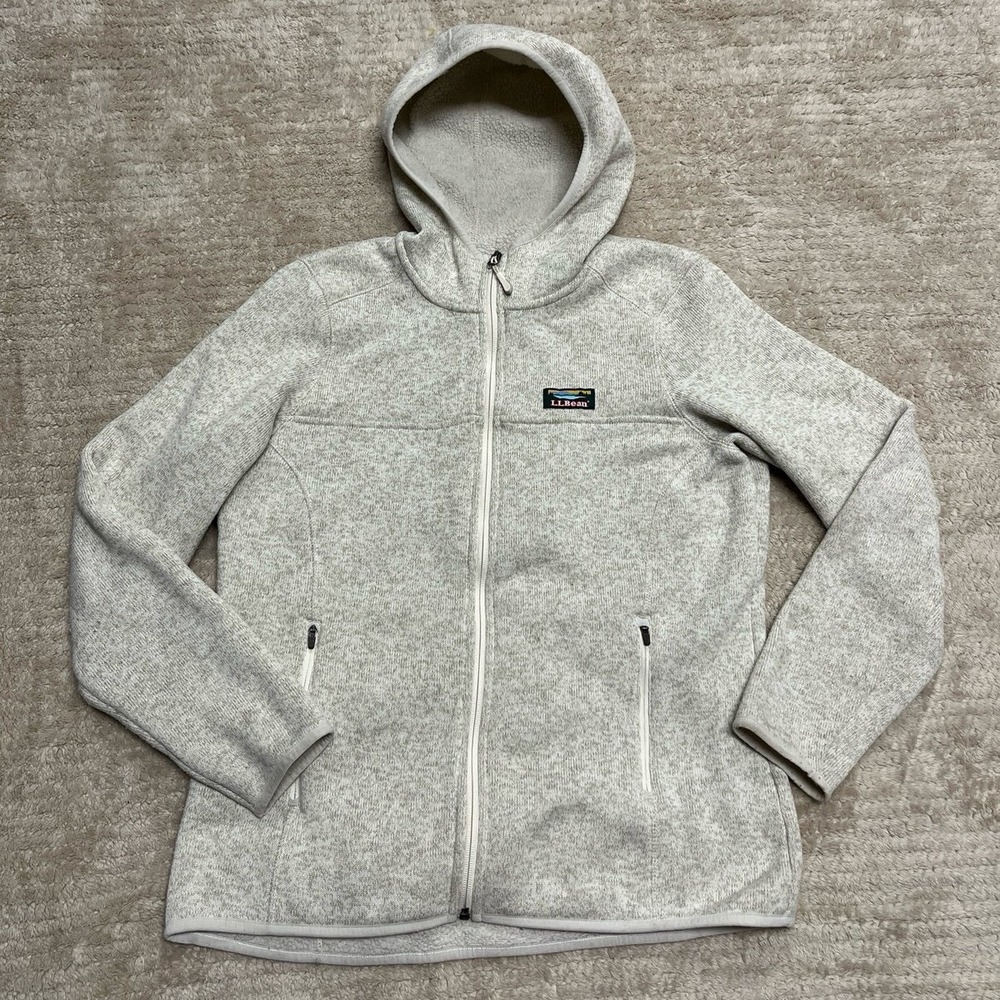 LL Bean Full Zip Size Medium Healthered Cream Hoodie Lightweight Coat